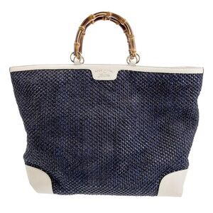 Gucci Raffia Bamboo Linen Leather Tote Bag Navy White
